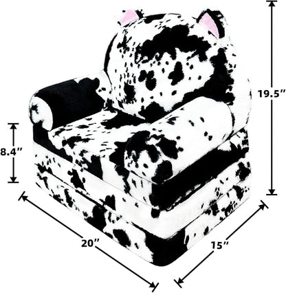 Toddler Chair with Faux Rabbit Fur – 2-in-1 Foldable Kids Couch, Soft Sofa for Reading, Napping, Bedroom or Playroom Use, 18 Months+ （Cow & Cat）