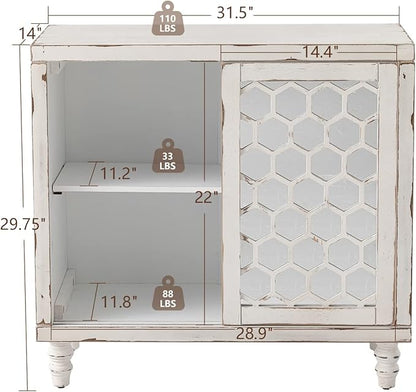 COSIEST 31.5" W Sideboard Buffet Cabinet with Mirrored Doors and Adjustable Shelf, Kitchen Storage Cabinet with Sliding Doors for Dining Room, Hallway, Living Room (White, Honeycomb Pattern)