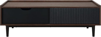 Manhattan Comfort Duane Mid Century Modern Coffee Table with Drawer & Cubby Shelf, Living Room Furniture with Ribbed Flat Design, Wood Grain Laminate Finish & Durable Iron Metal Feet, Black