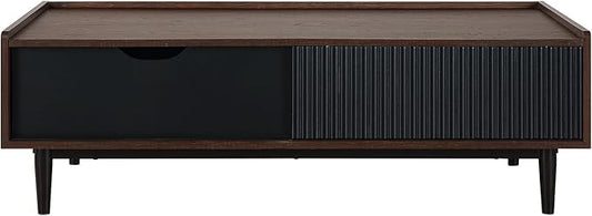 Manhattan Comfort Duane Mid Century Modern Coffee Table with Drawer & Cubby Shelf, Living Room Furniture with Ribbed Flat Design, Wood Grain Laminate Finish & Durable Iron Metal Feet, Black
