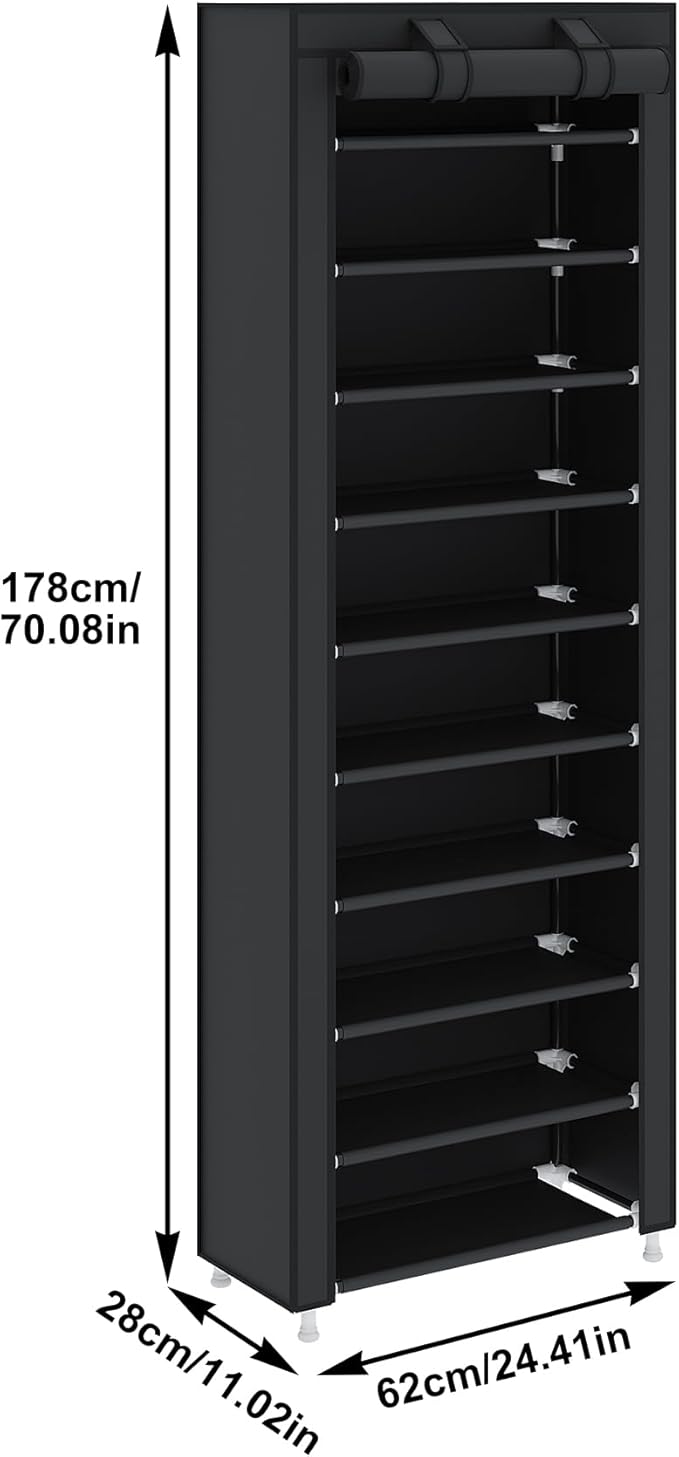 UDEAR 10-Tier Free Standing Shoe Rack Sturdy Shoe Rack Organizer for Closet Entryway Stackable Shoe Shelf with Dustproof Cover,Black