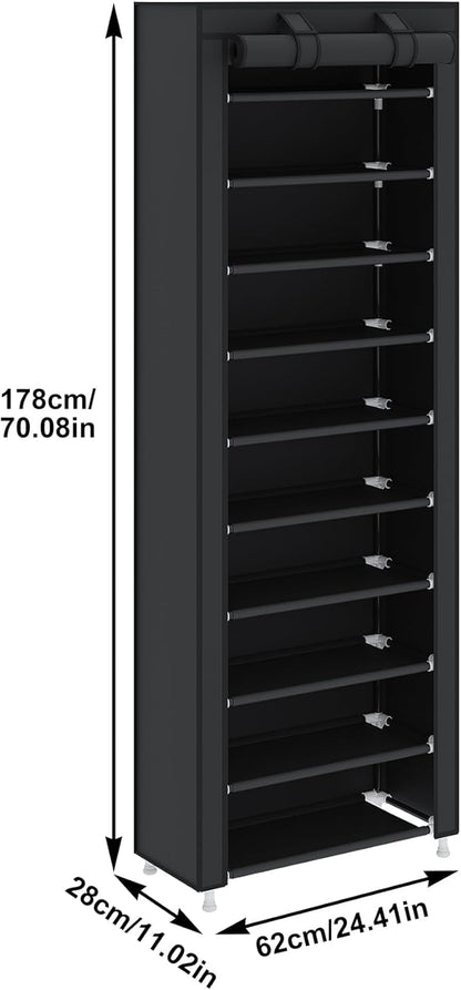 UDEAR 10-Tier Free Standing Shoe Rack Sturdy Shoe Rack Organizer for Closet Entryway Stackable Shoe Shelf with Dustproof Cover,Black