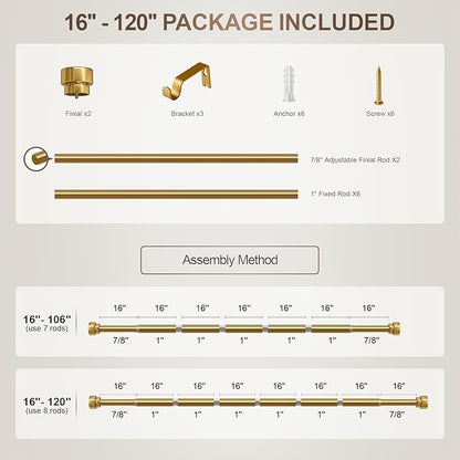 Modern Gold Curtain Rods for Windows 66 to 120 Inches Adjustable Length Heavy Duty 1" Diameter Brass Window Curtain Rod with Solid Metal Finials for Outdoor Farmhouse Bedroom Kitchen Living Room