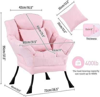 Lazy Chair with Pillow for Living Room, Modern Lounge Accent Chair with Armrests and a Throw Pillow, Leisure Sofa Chair Set, Reading Chair for Bedroom, Dorm Room, Office, Pink