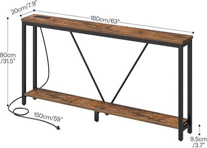 HOOBRO 63" Console Table with Charging Station, 2-Tier Extra Long Sofa Table with V-Brace, for Narrow Space, Entryway Table for Entryway, Hallway, Living Room, Rustic Brown BF166UXG01