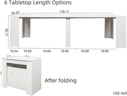 KEIKI 20-118.5"L Extendable Foldable Dining Room Table for 1-10 People, Wood Multifunctional Rectangle Expandable Console Kitchen Living Meeting Room Furniture, 6 Tabletop Length Options, Marble White