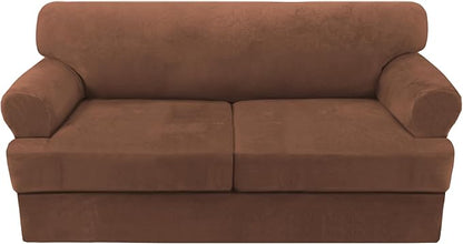 H.VERSAILTEX Sofa Cover 3 Piece T Cushion Loveseat Slipcovers Thick Velvet Couch Cover Stretch T Cushion Sofa Covers for 2 Cushion Couch with 2 Individual T Cushion Covers Washable, Caramel