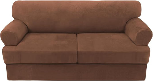 H.VERSAILTEX Sofa Cover 3 Piece T Cushion Loveseat Slipcovers Thick Velvet Couch Cover Stretch T Cushion Sofa Covers for 2 Cushion Couch with 2 Individual T Cushion Covers Washable, Caramel