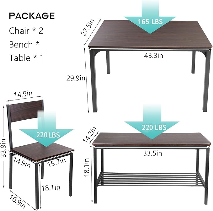soges Dining Table Set for 4, 43.3 inch Kitchen Table Set with Chairs and Bench, 4 Piece Dining Room Table Set for Small Space, Apartment, Restaurant, Rustic Oak