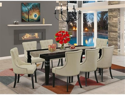East West Furniture LGFR9-BLK-02 9 Piece Dining Room Set Includes a Rectangle Butterfly Leaf Kitchen Table and 8 Light Beige Linen Fabric Parsons Dining Chairs, 42x84 Inch, Black