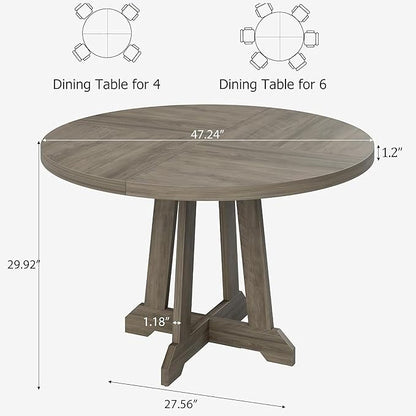 Dining Table for 4 to 6 People, 47 Inch Round Dining Table, Wooden Kitchen Table with Sturty Legs, Dining Room Table for Dining Room, Kitchen, Grey