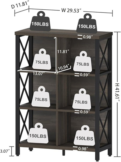 FATORRI 6 Cube Storage Organizer Shelf, Rustic Wood and Metal Cubby Bookcase, Industrial 4 Tier Cube Bookshelf (Walnut Brown)