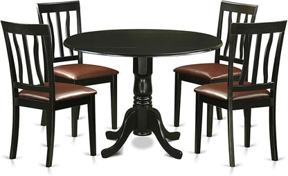 East West Furniture DLAN5-BLK-LC 5 Piece Dining Table Set for 4 Includes a Round Kitchen Table with Dropleaf and 4 Faux Leather Dining Room Chairs, 42x42 Inch, Black