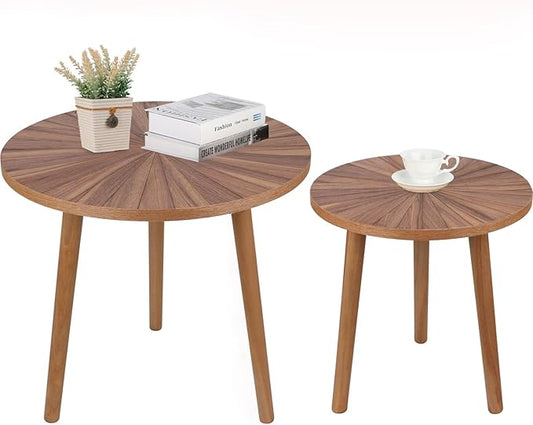 Round Coffee Table Set of 2, Mid Century Modern Coffee Table, Small Farmhouse Coffee Table, Wood Nightstand Bedside Table, Boho Side Table End Tables for Living Room Bedroom Office Balcony