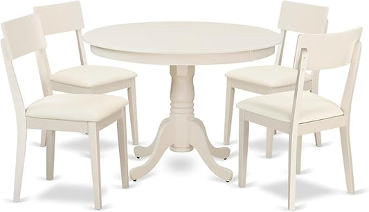 East West Furniture HLAD5-LWH-LC 5 Piece Dinette Set for 4 Includes a Round Dining Table with Pedestal and 4 Faux Leather Dining Room Chairs, 42x42 Inch, Linen White