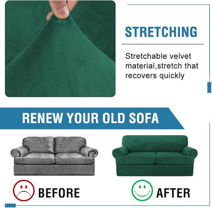 H.VERSAILTEX Sofa Cover 3 Piece T Cushion Sofa Slipcovers Thick Velvet Couch Cover Stretch T Cushion Sofa Covers for 2 Cushion Couch with 2 Individual T Cushion Covers, Vintage Green