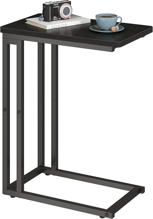 Yusong C Shaped End Table - Slide Under Sofa Couch Bed, Small Table for Small Spaces, Skinny Overbed, Coffee Drink Snack Table for Living Room, Black Oak