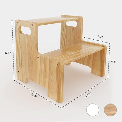 Wooden Step Stool,Two Stepping Stool for Kids/Adults,Supports 300 lbs Toddler Foot Stool,Toilet/Kitchen/Bed Step Stool,White 1 Pack