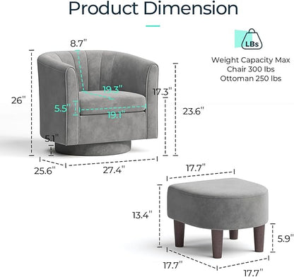 LINSY Swivel Accent Chair with Ottoman: Small Velvet Barrel Chair 360 Swivel Modern Armchair, Upholstered Reading Chair with Footrest for Living Room Bedroom Study Room (Grey)