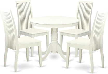 East West Furniture ANIP5-LWH-W 5 Piece Modern Dining Table Set Includes a Round Kitchen Table with Pedestal and 4 Dining Room Chairs, 36x36 Inch, Linen White