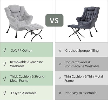 Lazy Chair with Ottoman, Modern Reading Chair with Folding Footrest, Comfortable Lounge Accent Chair for Bedroom, Study, Living Room, Courtyard (Plush Grey)