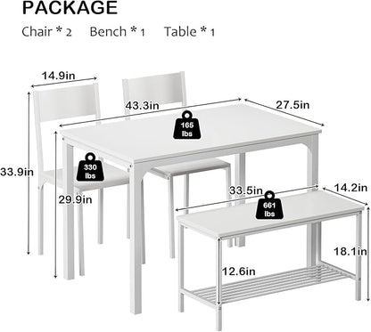 soges 4-Piece Dining Table Set with Bench - 4 Person Kitchen Table and 2 Chairs for Small Spaces, Apartment - Metal Frame & Woodgrain Tabletop, Space-Saving Design, Durable & Easy to Clean, White