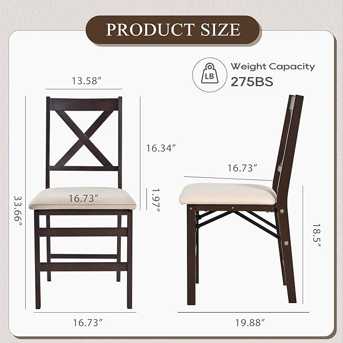 COLAMY Folding Dining Chairs Set of 2 – Beige Upholstered Wooden Dining Room Chairs for Kitchen & Small Spaces, Mid Century Modern Design, Space-Saving, No Assembly Required