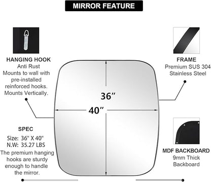 ANDY STAR Chrome Oblong Mirror, 36x40 Inch Polished Chrome Oval Mirror for Bathroom with Stainless Steel Metal Frame, Wall Mouned for Bathroom, Living Room, Entryway