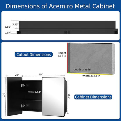 40x30 Inch Black Medicine Cabinet Mirror Metal Framed Recessed Bathroom Medicine Cabinets with Mirror and Storage Wall Mounted