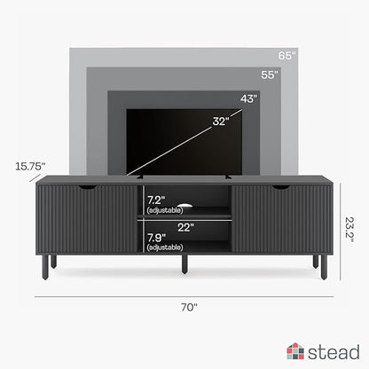 Fluted TV Stand - 70-Inch Fluted Black Wood - TV Console Table & Entertainment Center with Storage - Soft-Close Doors, Adjustable Shelves & Cable Management