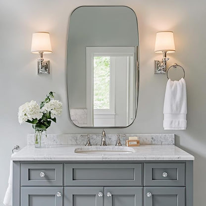 ANDY STAR Brushed Nickel Bathroom Mirror, Large 24x36’’ Brushed Nickel Metal Framed Oblong Wall Mirror, Modern Nickel Oval Vanity Mirror