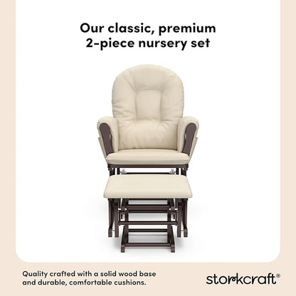 Storkcraft Premium Hoop Glider & Ottoman (Espresso with Beige) — GREENGUARD Gold Certified, Solid Wood Craftsmanship, Convenient Storage Pockets, Smooth-Gliding Chair for Nursery, Multi-Award-Winning