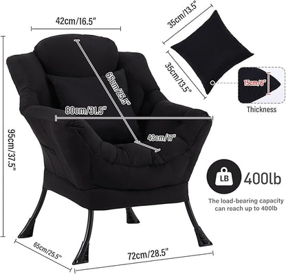 Lazy Chair with Pillow for Living Room, Modern Lounge Accent Chair with Armrests, Leisure Sofa Chair Set, Reading Chair for, Bedroom, Dorm Room, Office, Black