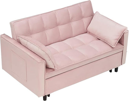 Ball & Cast 3 in 1 Convertible Sleeper Sofa Bed,Velvet Futon Couch with Pull-Out Bed,Convertible Pull Out Couches W/ 2 Pillows,Adjustable Backrest & Side Pocket,for Living Room,Apartment,Pink,55"