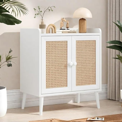 Buffet Cabinet, Rattan Storage Cabinet with Round Pull Rings, Sideboard with Ample Storage, Bar Liquor Shelf with 2 Doors for Living Room, Hallway, White