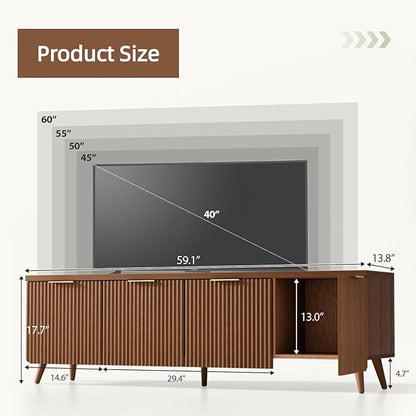 TV Stand for Up to 60" TVs, Modern Entertainment Center with 4 Cylindrical Stripe Doors, Media Console Table with Solid Wooden Legs, Modern TV Stand for Living Room, Bedroom, Walnut