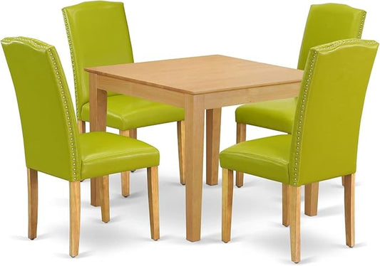 East West Furniture OXEN5-OAK-51 5 Piece Dining Set Includes a Square Dining Room Table and 4 Autumn Green Faux Leather Upholstered Parson Chairs, 36x36 Inch, Oak