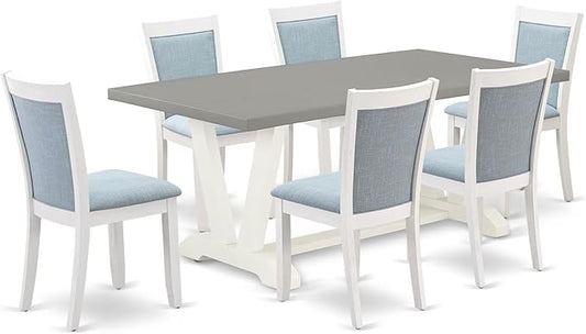 East West Furniture V097MZ015-7 7 Piece Dining Room Table Set Consist of a Rectangle Dining Table with V-Legs and 6 Baby Blue Linen Fabric Upholstered Chairs, 40x72 Inch, Multi-Color