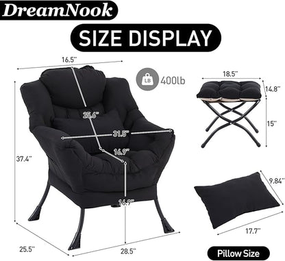 Lazy Chair with Ottoman, Modern Accent Chair with Lumbar Pillow, Comfy Chairs with Folding Footrest for Bedroom, Reading, Oversized Supportive Lounge Chairs(Black)