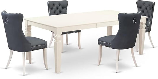 East West Furniture LGDA5-LWH-13 5 Piece Kitchen Set Includes a Rectangle Dining Table with Butterfly Leaf and 4 Polyester Fabric Upholstered Chairs, linen white
