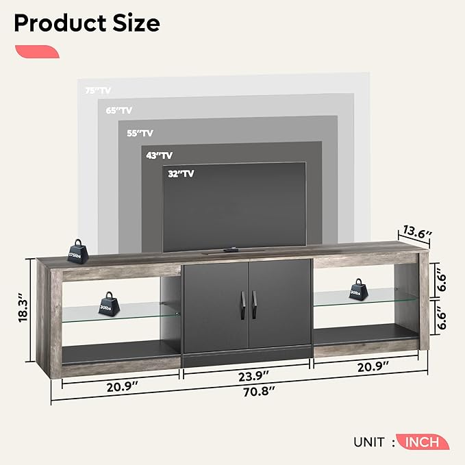 Bestier 70 Inch Led TV Stand for 75 Inch TV Large Entertainment Center Gaming with Adjustable Glass Shelves Two Cabinets Modern TV Console for Living Room 22 RGB Modes, Wash Gray