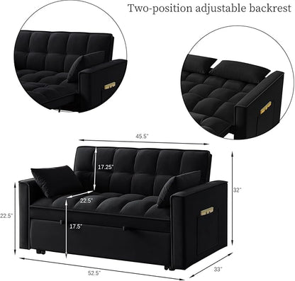 KEIKI Velvet Loveseat Convertible Sofa Bed Sleeper Chair with Adjustable Backrest, Pillows & Storage Pockets, 3 in 1 Pull-Out Couch Chaise Lounge Recliner for Living Room Balcony Bedroom, Black