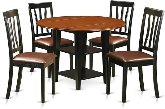 East West Furniture SUAN5-BCH-LC 5 Piece Kitchen Table Set Includes a Round Dining Room Table with Dropleaf & Shelves and 4 Faux Leather Upholstered Chairs, 42x42 Inch, Black & Cherry