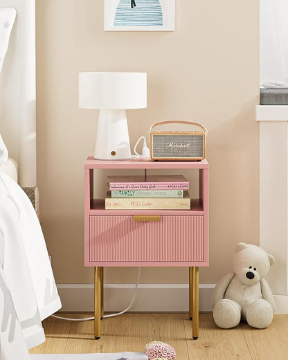 Nightstand,Morden Bedside Table with Gold Frame,Small White Night Stand,End Table,Bedside Furniture,Side Table with Drawer and Shelf for Bedroom,Living Room (1Drawer, Pink-Outlet)