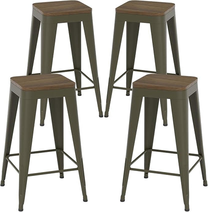 30 inch Backless Bar Stools Set of 4, Indoor Metal Bar Stools with Wood Seat, Industrial Counter Height Barstools for Kitchen Island, Rusty