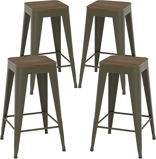 30 inch Backless Bar Stools Set of 4, Indoor Metal Bar Stools with Wood Seat, Industrial Counter Height Barstools for Kitchen Island, Rusty