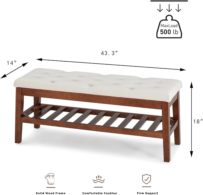 Upholstered Shoe Bench Entryway Bench for Bedroom, End of Bed, Ottoman Bench Tufted Padded Seat with Solid Wood Shelf for Living Room, Faux Leather Ink Blue