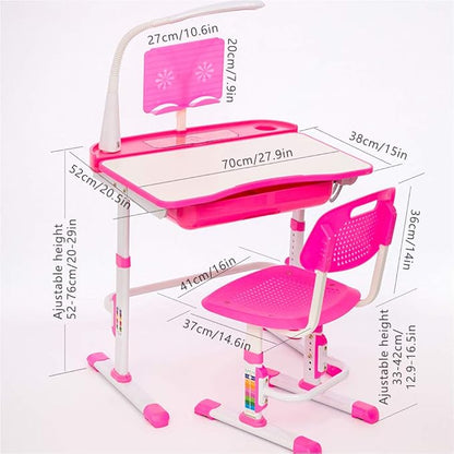 Kids Desk and Chair Set, Height Adjustable Children School Study Desk with Tilt Desktop, Bookstand, LED Lamp, Metal Hook and Storage Drawer for Boys Girls, Pink