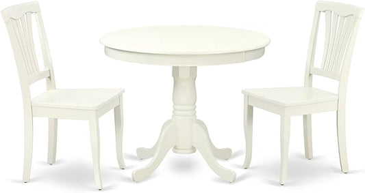 East West Furniture ANAV3-LWH-W 3 Piece Dining Table Set for Small Spaces Contains a Round Kitchen Table with Pedestal and 2 Kitchen Dining Chairs, 36x36 Inch, Linen White