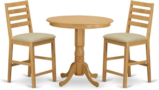 East West Furniture JACF3-OAK-C 3 Piece Kitchen Counter Height Dining Table Set Contains a Round Pub Table with Pedestal and 2 Linen Fabric Upholstered Chairs, 36x36 Inch, Oak